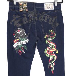 ED HARDY The Corps Jeans 36 Tattoo Snake Rose Stacked Bootcut UNHEMMED MEHD83036